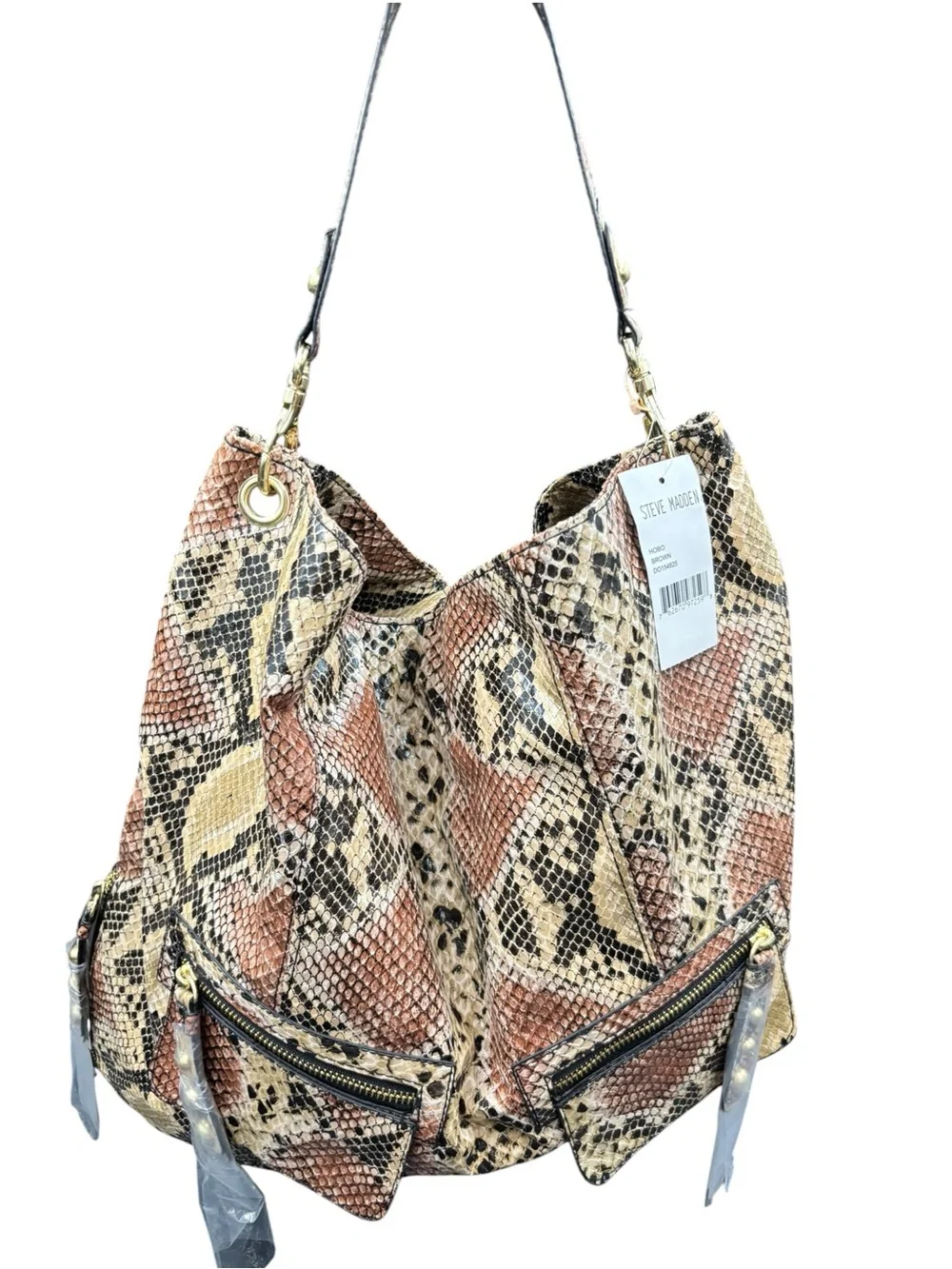 Steve Madden Faux Snakeskin Print Hobo Shoulder Bag Brown Gold Hardware NWT